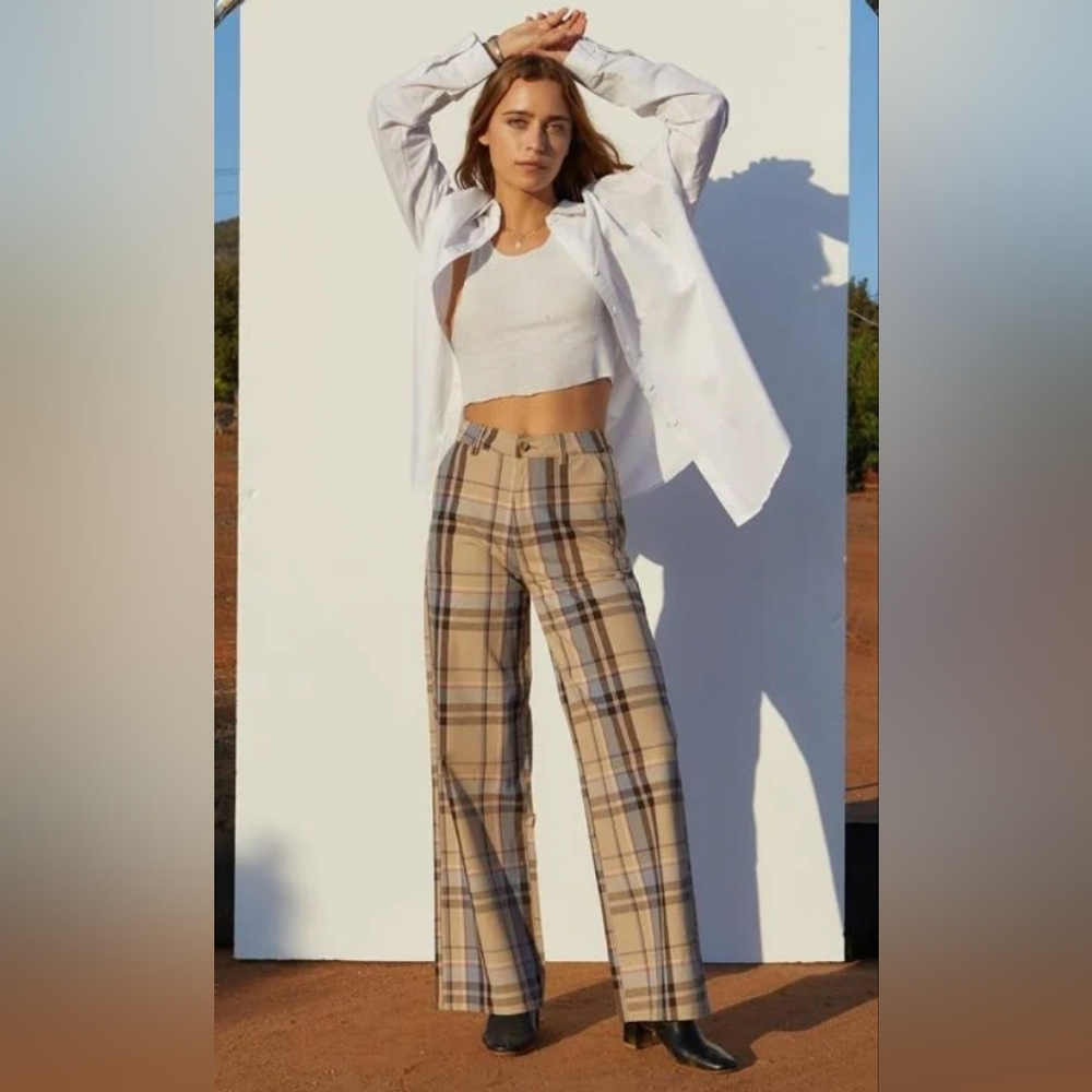 NWT | Brixton Beige Plaid High Waist Wide Leg Women's Trousers | Size 29